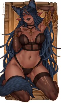 absurdres animal_ears ankh ankh_necklace black_choker black_gloves black_panties black_pantyhose blue_eyes blue_hair bracelet choker commentary dark-skinned_female dark_skin elbow_gloves english_commentary fox_ears fox_girl fox_tail gloves hair_ornament highres inspy_art jewelry long_hair original panties pantyhose patreon_logo patreon_username see-through_clothes sheer_gloves tail thighhighs torn_clothes torn_pantyhose underwear