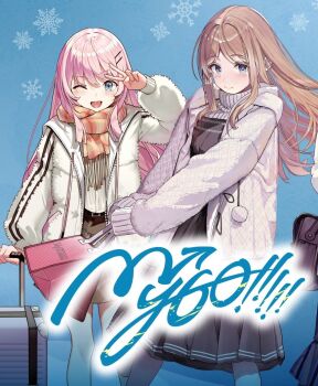 Rule 34 | 3girls, alternate costume, bang dream!, bang dream! it's mygo!!!!!, black skirt, blue background, blue eyes, blush, brown hair, chihaya anon, commentary request, hair ornament, hairclip, jacket, long hair, multiple girls, nagasaki soyo, one eye closed, open mouth, pink hair, satoshi (peso727), scarf, shirt, skirt, smile, snowflakes, standing, suitcase, teeth, thighhighs, turtleneck, upper teeth only, v, white jacket, white shirt, white thighhighs