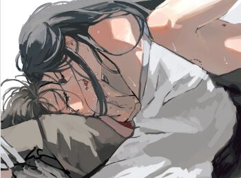 2boys anal arms_up bare_legs bare_shoulders bite_mark black_hair black_hanfu blush bound bound_wrists boy_on_top brown_hair chinese_clothes closed_eyes eyelashes french_kiss grey_eyes hanfu hickey highres implied_sex kiss lan_wangji leg_up long_hair long_sleeves looking_at_another lying male_focus missionary modao_zushi multiple_boys off_shoulder on_back open_mouth pillow qiba_bamb robe saliva sex simple_background spread_legs sweat tears tongue tongue_out wei_wuxian white_background white_hanfu wide_sleeves yaoi