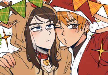 1boy 1girl abaddon_(haunted_hotel) animal_collar animal_costume arm_around_shoulder blue_eyes brown_eyes brown_hair bunting christmas collar commentary cosplay english_commentary esther_freeling hat haunted_hotel insidej043 kigurumi long_hair one_eye_closed orange_hair puckered_lips reindeer_costume santa_costume santa_hat short_hair simple_background slit_pupils undercut upper_body v white_background