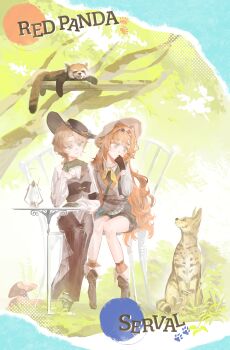 2girls absurdres black_gloves black_hat black_skirt blonde_hair boots brown_boots brown_hat brown_shorts bush chacha_(chachachaqqq) chair druvis_iii english_text full_body gloves green_eyes green_gloves grey_vest hat highres lantern long_hair long_skirt looking_at_animal multiple_girls mushroom neckerchief official_alternate_costume on_chair orange_hair orange_socks red_panda reverse:1999 round_table serval shirt short_hair shorts sitting skirt socks sonetto_(reverse:1999) table tree two_side_up vest white_shirt yellow_neckerchief