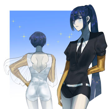Rule 34 | 1other, 2others, absurdres, androgynous, back cutout, bare back, black necktie, black shorts, blue blush, blue eyes, blue sky, clothing cutout, collared shirt, colored skin, cowboy shot, diagonal bangs, dual persona, end999s, from behind, gem uniform (houseki no kuni), golden arms, high-waist shorts, high ponytail, highres, houseki no kuni, long hair, moon uniform (houseki no kuni), multiple others, necktie, other focus, phosphophyllite, phosphophyllite (ll), ponytail, puffy short sleeves, puffy sleeves, see-through clothes, see-through sleeves, shirt, short hair, short shorts, short sleeves, shorts, shoulder blades, simple background, sky, sparkle, spoilers, white shorts, white skin