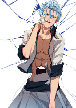 Rule 34 | 1boy, arrancar, black sash, bleach, blue eyes, blue hair, broken mask, commentary request, cowboy shot, cracked background, espada, facial mark, grimmjow jaegerjaquez, hair between eyes, hakama, hand on own neck, highres, hole in stomach, hole on body, hollow hole, hollow mask, ibaraki shun, jacket, japanese clothes, looking at viewer, mask, muscular, muscular male, open clothes, open jacket, open mouth, sash, sheath, sheathed, sleeves rolled up, sword, weapon