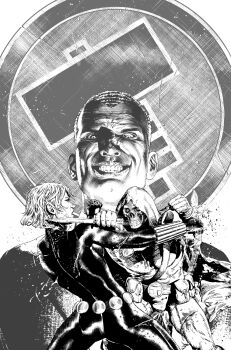 Rule 34 | 1girl, 2020, 2boys, avengers (series), black widow, bodysuit, comic cover, commentary, covered abs, english commentary, evil grin, evil smile, fighting, grin, hammer, highres, holding, holding knife, hood, hood up, knife, looking down, marvel, mask, monochrome, multiple boys, muscular, muscular male, natasha romanoff, norman osborn, official art, short hair, skull mask, smile, spider-man (series), superhero costume, taskmaster, teeth, valerio giangiordano, very short hair, widow's peak