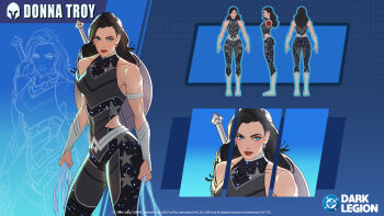 black_hair blue_eyes bodysuit boots bracer commentary dc:_dark_legion dc_comics donna_troy english_commentary grey_bodysuit highres lasso red_lips reference_sheet sleeveless sleeveless_bodysuit sparkling_clothes toned toned_female