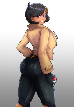 1girl absurdres angelox27 ass blush bodysuit emma_(pokemon) female_focus from_behind gloves highres jacket looking_at_viewer nintendo poke_ball pokemon pokemon_legends:_z-a purple_eyes short_hair skin_tight solo thick_thighs thighs