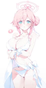 Rule 34 | !, 1girl, absurdres, bikini, blue archive, blue eyes, blush, braid, breasts, bun with braided base, cleavage, commentary request, cowboy shot, front-tie bikini top, front-tie top, hair between eyes, hair bun, halo, highres, holding sarong, large breasts, long hair, looking at viewer, meunhongcha, mimori (blue archive), mimori (swimsuit) (blue archive), official alternate costume, pink hair, pink halo, sarong, see-through clothes, see-through sarong, sidelocks, simple background, single side bun, skindentation, solo, spoken exclamation mark, swimsuit, thighs, white background, white bikini, white sarong