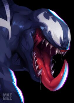 1boy highres long_tongue looking_at_viewer maebiel male_focus marvel marvel_rivals monster_boy muscular muscular_male open_mouth saliva sharp_teeth smile solo spider-man_(series) symbiote teeth tongue tongue_out venom_(marvel)