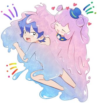 1boy 1girl absorbing blue_hair closed_eyes commentary_request gradient_hair hachidori_(hachidori_no_su) hat kawaii_kotarou mini_hat mini_top_hat monster_girl multicolored_hair nude open_mouth pink_hair puniru_(puniru_wa_kawaii_slime) puniru_wa_kawaii_slime shota slime_(substance) slime_girl smile tearing_up top_hat