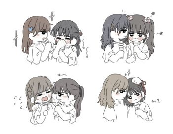 5th_live_tour_~4pair_power_spread!!!!~ 6+girls :3 ? animification arrow_(symbol) black_hair blue_ribbon blunt_bangs blush braid brown_hair closed_mouth commentary covering_own_mouth flower flower_symbol flying_sweatdrops hair_flower hair_ornament hair_ribbon half_updo hand_on_another&#039;s_head hand_over_own_mouth hayama_fuka holding holding_microphone kan_kanna kurusu_rin link!_like!_love_live! long_hair love_live! microphone miyake_miu multiple_girls nirei_nozomi nonaka_kokona open_mouth pink_flower pink_ribbon rabbit_hair_ornament real_life red_ribbon ribbon sakurai_hina shindou_amane side_braids simple_background symbol-only_commentary triangle_hair_ornament twintails voice_actor white_background zueka27