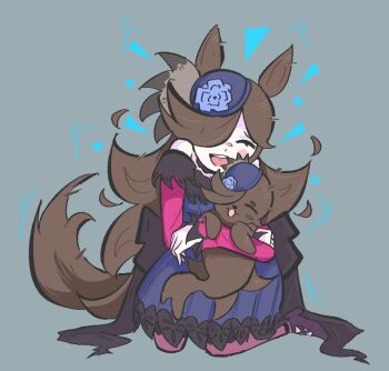 1girl animal_ears animal_request beeglubbee blue_flower blue_rose brown_hair closed_mouth commentary dress english_commentary flipped_hair flower hair_over_one_eye hat hat_flower horse_ears horse_girl horse_tail hug long_hair off-shoulder_dress off_shoulder open_mouth rice_shower_(umamusume) rose simple_background smile tail tilted_headwear umamusume