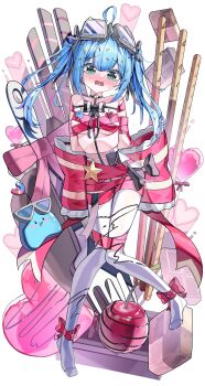 1girl @_@ absurdres ahoge ankle_bow ankle_ribbon aqua_eyes arahashi_tabi black_bow blue_eyes blush bound bound_arms bound_legs bow breasts cherry chewi commentary_request cookie creature embarrassed food fruit full_body goggles goggles_on_head highres knees_together_feet_apart korean_commentary long_hair looking_at_viewer medium_breasts no_shirt no_shoes nose_blush open_mouth pantyhose pink_bow pink_ribbon pocky pungdangi_(arahashi_tabi) raised_inner_eyebrows ribbon simple_background solo sprinkles stellive twintails virtual_youtuber white_background white_pantyhose