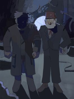 Rule 34 | 2boys, angry, beard, black coat, black shirt, black suit, black vest, cable, clenched hand, coat, debris, facial hair, fez hat, ford pines, formal clothes, full body, glasses, gravity falls, grey hair, grunkle stan, hand on another&#039;s shoulder, hand on own hip, hat, highres, looking at viewer, male focus, meme, multiple boys, neck ribbon, nerd emoji, partially shaded face, ribbon, ruins, shadow, shirt, smile, smumji1, standing, suit, textless version, variant set, vest, white shirt, why dis ninja look so mad (meme)