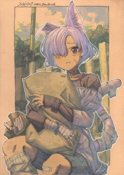 Rule 34 | 1girl, animal ear fluff, animal ears, bag, bandaged arm, bandaged fingers, bandaged hand, bandaged tail, bandages, black shirt, border, brown eyes, cat ears, cat girl, cat tail, collar, commentary request, dated, denim, denim shorts, dirty, fence, hair over one eye, highres, holding, holding bag, homeless, jeans, long sleeves, looking at viewer, making-of available, marker (medium), meiz, off-shoulder jacket, off shoulder, one ear down, original, outdoors, painting (medium), pants, paper bag, parted lips, purple hair, purple tail, shirt, shorts, shoulder strap, signature, sitting, sky, solo, tail, tail ornament, torn clothes, torn jeans, torn pants, traditional media, tree, watercolor (medium), white background, wooden fence