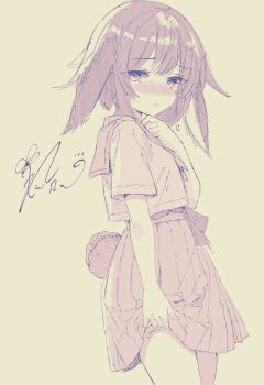 1girl animal_ears bandaid bandaid_on_leg blush clothes_lift commentary highres ichiya_refi looking_at_viewer monochrome nose_blush open_mouth original purple_eyes purple_hair rabbit_ears rabbit_girl rabbit_tail school_uniform serafuku signature simple_background skirt skirt_lift sweatdrop symbol-only_commentary tail unkempt yellow_background