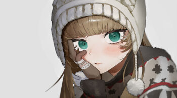 1girl basasyu beanie blue_eyes blunt_bangs blush brown_gloves brown_hair gloves hand_on_own_face hat highres long_hair long_sleeves looking_at_viewer original parted_lips pom_pom_(clothes) simple_background solo white_background white_hat winter_clothes