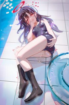 1girl ass black_hair black_socks blue_archive blush breasts halo highres hsch justice_task_force_(blue_archive) justice_task_force_member_(blue_archive) loli long_hair looking_at_viewer one-piece_swimsuit peeing pool red_eyes red_halo school_swimsuit sidelocks socks swimsuit