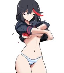 1girl animated black_hair blinking blue_eyes bouncing_breasts breast_drop breasts closed_eyes closed_mouth clothes_lift commentary cowboy_shot crossed_arms derivative_work female_focus fingerless_gloves gloves hair_between_eyes kill_la_kill large_breasts lifting_own_clothes matoi_ryuuko meme multicolored_hair navel nipples no_bra panties rakeemspoon red_gloves ryuko_redraw_(meme) sailor_collar senketsu shirt_lift short_sleeves simple_background sketch solo streaked_hair striped_clothes striped_panties thighs underboob underwear undressing video