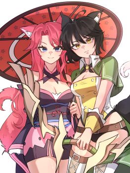 2girls absurdres ahoge animal_ears asymmetrical_bangs bare_shoulders black_hair black_panties blue_eyes bow_(weapon) breasts cape cleavage closed_mouth commission commissioner_upload eyebrows_hidden_by_hair eyes_visible_through_hair fox_archer_(sakura_dungeon) fox_ears fox_girl fox_tail hair_between_eyes highres holding holding_bow_(weapon) holding_umbrella holding_weapon japanese_clothes kimono large_breasts long_hair looking_at_viewer loonghyun medium_breasts multiple_girls naughty_face neck non-web_source panties pink_hair sakura_dungeon serious short_hair side-by-side sidelocks smile standing strapless strapless_kimono tail umbrella underwear weapon yellow_eyes yomi_(sakura_dungeon)