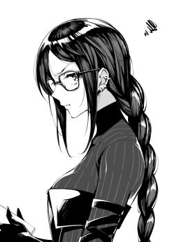 1girl 7dango7 arm_strap braid braided_ponytail breasts dress earrings elbow_gloves fate/grand_order fate_(series) glasses gloves greyscale jewelry layered_dress long_hair long_sleeves looking_at_viewer medium_breasts monochrome ribbed_dress ribbon-trimmed_dress ribbon_trim single_braid solo very_long_hair yu_mei-ren_(fate) yu_mei-ren_(first_ascension)_(fate)