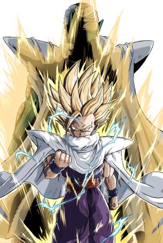 2boys aura back-to-back blonde_hair blue_eyes cape clenched_hands closed_mouth colored_skin dougi dragon_ball dragonball_z electricity green_skin highres long_bangs long_hair looking_at_viewer male_focus multiple_boys onigiri_debu piccolo pointy_ears son_gohan spiked_hair super_saiyan super_saiyan_2 white_background white_cape wristband