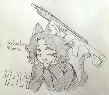 Rule 34 | 1boy, :3, :d, animal ear fluff, animal ears, animification, artist request, assault rifle, blush, cat boy, cat ears, cat tail, character name, cropped torso, curtained hair, dated, eyes visible through hair, fang, flipped hair, graphite (medium), gun, hands on own cheeks, hands on own face, hands up, hatching (texture), kemonomimi mode, long sleeves, looking at viewer, male focus, open mouth, puffy long sleeves, puffy sleeves, raised inner eyebrows, real life, rifle, salvador ramos, short hair, simple background, sleeves past wrists, smile, solo, source request, sweater, tail, third-party source, traditional media, true crime, weapon