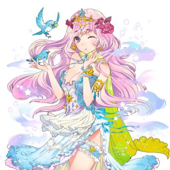 Rule 34 | 1girl, animal, aqua dress, bare shoulders, bird, breasts, cape, cleavage, dress, flora (uchihime), flower, frilled thigh strap, gold tiara, green cape, hair flower, hair ornament, holding, holding animal, holding bird, large breasts, long hair, one eye closed, pink flower, pink hair, pink rose, purple eyes, rose, side slit, smile, star (symbol), thigh strap, uchi no hime-sama ga ichiban kawaii