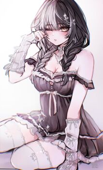 Rule 34 | 1girl, absurdres, black hair, black nightgown, breasts, cleavage, grey hair, highres, hololive, hololive english, large breasts, long hair, looking at viewer, mokiemokki, multicolored hair, nightgown, one eye closed, shiori novella, shiori novella (sleepwear), simple background, solo, split-color hair, thighhighs, two-tone hair, virtual youtuber, white background, white thighhighs, yellow eyes