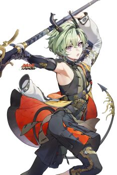 Rule 34 | 1boy, arknights, arknights: endfield, armpits, belt, black jacket, black shorts, green hair, horns, jacket, lance, lifeng (arknights), looking at viewer, pavilionushima, polearm, purple eyes, short hair, shorts, simple background, solo, tail, twitter, weapon, white background