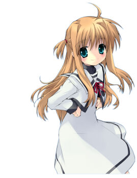 Rule 34 | 1girl, ahoge, arisa bunnings, bad id, bad pixiv id, black shirt, blonde hair, blue eyes, blush, closed mouth, commentary, commentary request, dress, female focus, gotou nao, hair tie, hands on own hips, jacket, leaning forward, long hair, long sleeves, looking at viewer, lyrical nanoha, mahou shoujo lyrical nanoha, medium dress, neck ribbon, red ribbon, ribbon, sailor collar, school uniform, seishou elementary school uniform, shirt, simple background, smile, solo, standing, two side up, white background, white dress, white jacket