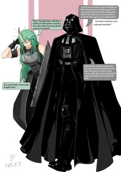 Rule 34 | 1boy, 1girl, absurdres, arknights, arm behind head, black cape, black gloves, black pants, black robe, black shirt, blush, cape, closed mouth, commentary, crossed bangs, crossover, darth vader, dated, drunk, english commentary, full body, gloves, green hair, hair between eyes, hansi, highres, hoshiguma (arknights), long hair, open mouth, pants, robe, scratching head, shirt, sleeveless, sleeveless shirt, speech bubble, squeans, standing, star wars
