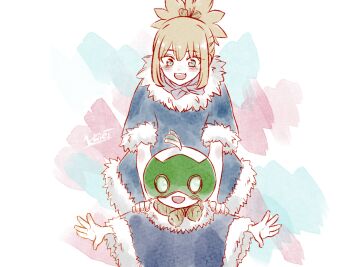 Rule 34 | 2girls, blonde hair, blue scarf, blush, brother and sister, coat, dr. stone, food, fruit, fur-trimmed coat, fur-trimmed sleeves, fur trim, green eyes, hands on another's shoulders, high ponytail, kohaku (dr. stone), light blush, light smile, mask, mask on head, multiple girls, ninomae gin, open mouth, outstretched arms, ponytail, rope, rope around neck, rope necklace, scarf, siblings, sidelocks, signature, simple background, smile, spiked hair, suika (dr.stone), teeth, upper teeth only, watermelon, white rope, winter, winter clothes, winter coat