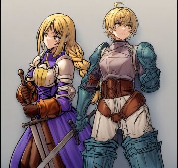 1boy 1girl absurdres agrias_oaks ahoge armor blonde_hair blue_coat blue_collar braid breastplate brown_gloves brown_pants chausses clenched_hand closed_mouth coat collar commentary_request cropped_legs expressionless final_fantasy final_fantasy_tactics gauntlets girdle gloves greatsword green_armor grey_background grey_pants highres holding holding_sword holding_weapon looking_to_the_side maruyu pants ramza_beoulve shoulder_armor standing sword weapon yellow_eyes yellow_trim