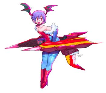 1girl animal_print bat_print bat_wings blue_pantyhose capcom demon_girl dreaminerryday elbow_gloves fangs gloves head_wings leotard lilith_(darkstalkers) looking_back low_wings machine otomedius pantyhose print_pantyhose purple_hair purple_pantyhose red_eyes red_leotard short_hair smile thick_thighs thighs darkstalkers wide_hips wings