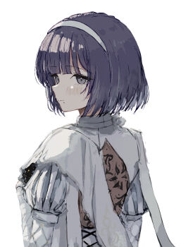 1girl backlighting blunt_bangs blush bob_cut bodystocking closed_mouth commentary english_commentary from_behind gakuen_idolmaster grey_eyes hairband hand_up hataya_misuzu highres idolmaster juliet_sleeves lace long_sleeves looking_at_viewer looking_back mole mole_under_mouth opuricheri profile puff_and_slash_sleeves puffy_sleeves purple_hair short_hair shoulder_blades simple_background solo superlative_(idolmaster) white_background white_hairband