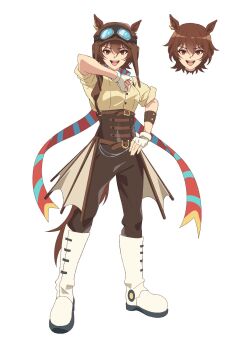 Rule 34 | 1girl, :d, agnes flight (racehorse), animal ears, anime coloring, aviator cap, aviator goggles, belt, boots, brown belt, brown corset, brown hair, brown pants, brown tail, commentary, corset, dress shirt, ear ornament, english commentary, fingerless gloves, gloves, goggles, goggles on head, hair between eyes, hand on own hip, hand up, head only, highres, horse ears, horse girl, horse tail, humanization, knew nothing, multicolored scarf, official style, open mouth, original, pants, pilot, red eyes, scarf, shirt, short hair, simple background, sleeves rolled up, smile, tail, umamusume, v-shaped eyebrows, white background, white boots, white gloves, wolf cut, yellow shirt