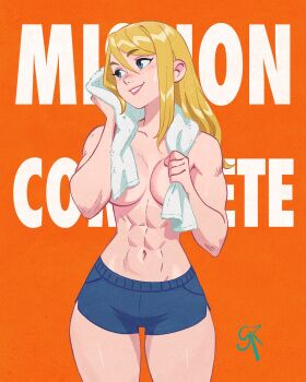 1girl abs adversarial_noise alt_text artist_name blonde_hair blue_eyes breasts collarbone commentary cowboy_shot english_commentary galmesh_rosewood highres large_breasts long_hair metroid muscular muscular_female navel nintendo orange_background parted_lips samus_aran sidelocks simple_background smile solo sweat thigh_gap topless_female towel wide_hips