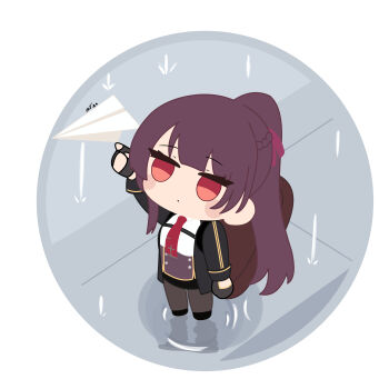 1girl absurdres black_pantyhose braid chibi corset elitesnakeeyes girls&#039;_frontline girls&#039;_frontline_2:_exilium hair_ribbon half_up_braid highres long_hair long_sleeves makiatto_(girls&#039;_frontline_2) necktie pantyhose purple_corset purple_hair red_eyes red_necktie red_ribbon ribbon wa2000_(girls&#039;_frontline)