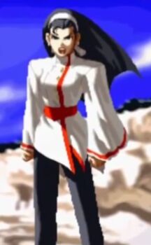 1girl black_eyes black_hair breasts dress female_focus hairband kagura_chizuru long_hair long_sleeves medium_breasts outdoors pale_skin pants standing the_king_of_fighters