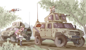 absurdres armored_personnel_carrier armored_vehicle assault_rifle ballistic_shield boots dirt_road drone emblem fairy_maid_(touhou) gloves goggles goggles_on_headwear gun helmet highres holding holding_gun holding_weapon humvee jltv machine_gun maid military military_vehicle motor_vehicle multiple_girls outdoors pzgr.40 rifle road shield sig_mcx touhou tree weapon wings