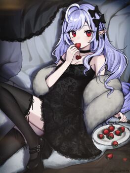 1girl ahoge artist_name bare_shoulders black_bow black_choker black_dress black_nails black_shoes black_thighhighs blush bow breasts choker cleavage dress ear_piercing eating eyelashes fingernails food fruit grey_hair hair_bow hair_intakes heart heart_necklace highres holding holding_food jewelry long_hair mole mole_under_eye multicolored_hair nail_polish necklace pale_skin piercing plate pointy_ears red_eyes shoes sitting solo strawberry streaked_hair thighhighs two-tone_hair vickie_(cryingrobot) vivian_banshee white_hair zenless_zone_zero