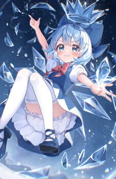 1girl :3 absurdres bloomers blue_bow blue_dress blue_eyes blue_hair blue_shoes blush bow bowtie cirno closed_mouth commentary_request crown cryokinesis detached_wings dress hair_bow highres ice ice_wings looking_at_viewer pinafore_dress puffy_short_sleeves puffy_sleeves red_bow red_bowtie shirt shoes short_sleeves sleeveless sleeveless_dress smile solo thighhighs touhou underwear wheat_retzel white_bloomers white_shirt white_thighhighs wings