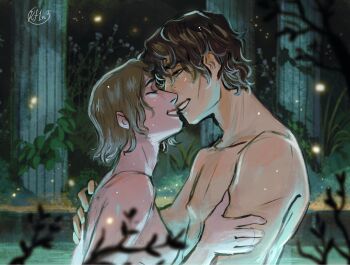 1boy 1girl black_hair blonde_hair breasts closed_eyes collarbone column convenient_censoring couple fireflies from_side hades_(series) hetero highres hug icarus_(hades) imminent_kiss kay_(kf1n3) looking_at_another melinoe_(hades) pillar short_hair signature smile topless_female