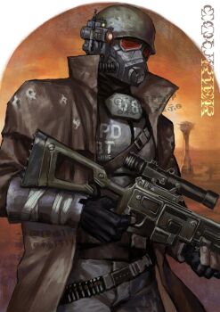 1other belt black_belt black_gloves black_pants brown_coat bulletproof_vest chinese_commentary coat commentary_request courier_(fallout:_new_vegas) cowboy_shot duster_coat fallout fallout:_new_vegas finger_on_trigger fingerless_gloves gas_mask gloves gun helmet holding holding_gun holding_weapon mask ncr_veteran_ranger open_clothes open_coat other_focus pants radio_antenna rifle scope sniper_rifle solo standing tower weapon yqqqqa