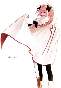 Rule 34 | 1boy, androgynous, archived source, astolfo (fate), black bow, black thighhighs, boots, bow, braid, cape, cape lift, character name, fang, fate/apocrypha, fate (series), feet out of frame, fur-trimmed cape, fur trim, hair bow, hair intakes, long hair, male focus, multicolored hair, open mouth, pink hair, purple eyes, scabbard, sheath, simple background, single braid, skin fang, smile, solo, streaked hair, thighhighs, two-sided cape, two-sided fabric, white background, white boots, white cape, white hair, zano (onsk 57)