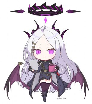 1girl ahoge armband black_coat black_gloves black_halo black_skirt black_thighhighs blue_archive chibi coat coat_on_shoulders demon_girl demon_horns demon_wings full_body gloves halo highres hina_(blue_archive) horns long_hair looking_at_viewer low_wings purple_eyes red_armband skirt solo standing thighhighs thighs tkht_sato very_long_hair white_hair wings