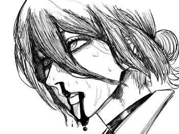 1girl blood blood_from_mouth chainsaw_man choker close-up commentary_request greyscale hair_between_eyes hair_bun highres monochrome nosebleed open_mouth reze_(chainsaw_man) solo suzuki_gamelove sweat