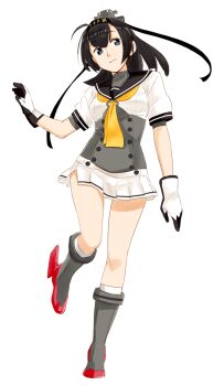 1girl akizuki_(kancolle) bad_id bad_source black_hair black_headband breasts clothes_writing full_body gloves greyscale hachimaki headband kantai_collection long_hair medium_breasts miniskirt monochrome neckerchief ojipon pleated_skirt ponytail rudder_footwear sailor_collar school_uniform serafuku short_sleeves simple_background skirt solo white_background white_gloves white_skirt yellow_neckerchief