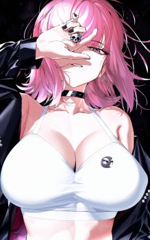 1girl alternate_costume bare_shoulders black_choker black_jacket black_nails breasts choker cleavage collarbone commentary_request grin hololive hololive_english jacket large_breasts long_sleeves medium_hair mori_calliope nail_polish open_clothes open_jacket pink_eyes shiny_skin shirt skull_ornament smile solo tamamoice teeth upper_body virtual_youtuber white_shirt