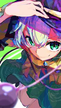 1girl absurdres commentary frills green_eyes green_hair green_skirt hair_between_eyes hand_on_headwear hat highres komeiji_koishi long_sleeves looking_at_viewer medium_hair shirt skirt smile solo thighs third_eye touhou yellow_shirt yuara